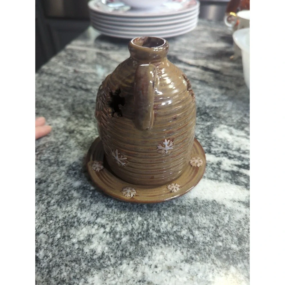 Primitive  Vintage Honey & Me Beehive Pottery Snowman Jug & Saucer Candle Holder